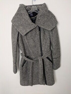Promod Grey Textured Asymmetric Zip Belted Moto Wrap Overcoat USA 8 / EUR 40